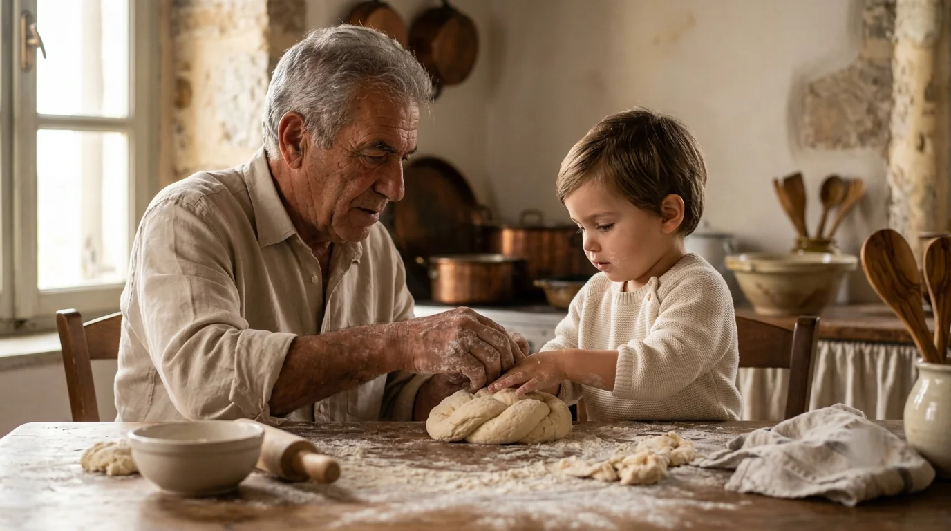 A grandfather and grandchild at a long table