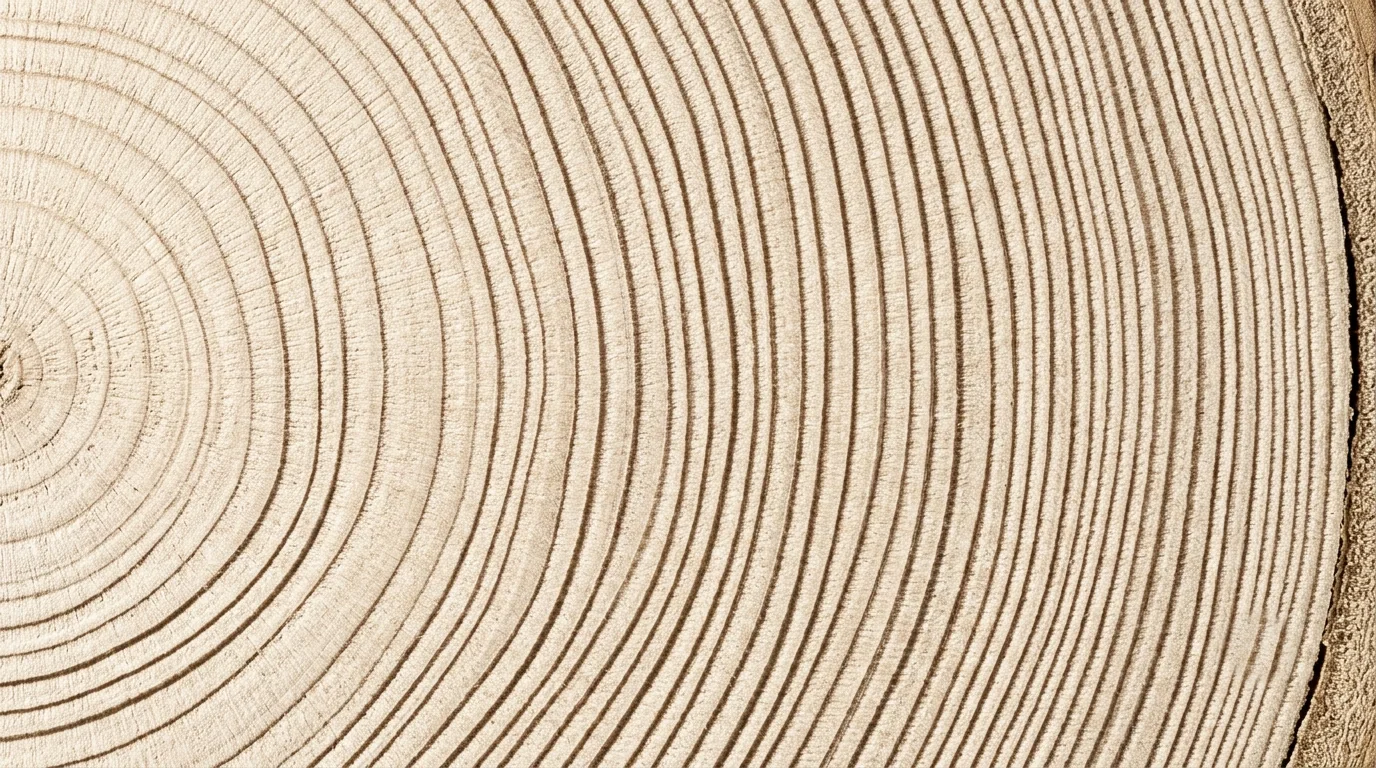 The end grain of a cut trunk, its growth rings lit from one side