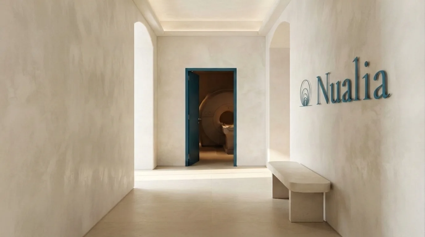 The passage toward the scanning room, the Nualia mark on the plaster