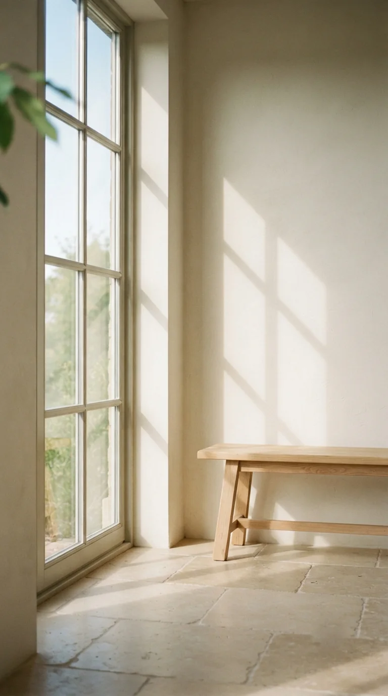 A tall window and a pale oak bench, sunlight on a plaster floor